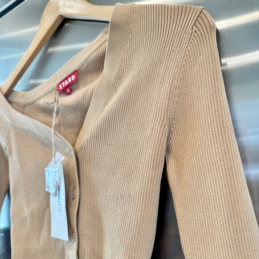 NWT Staud Craftsman Sweater Camel Tan Beige Off Shoulder camel Carmel button up - Picture 12 of 15